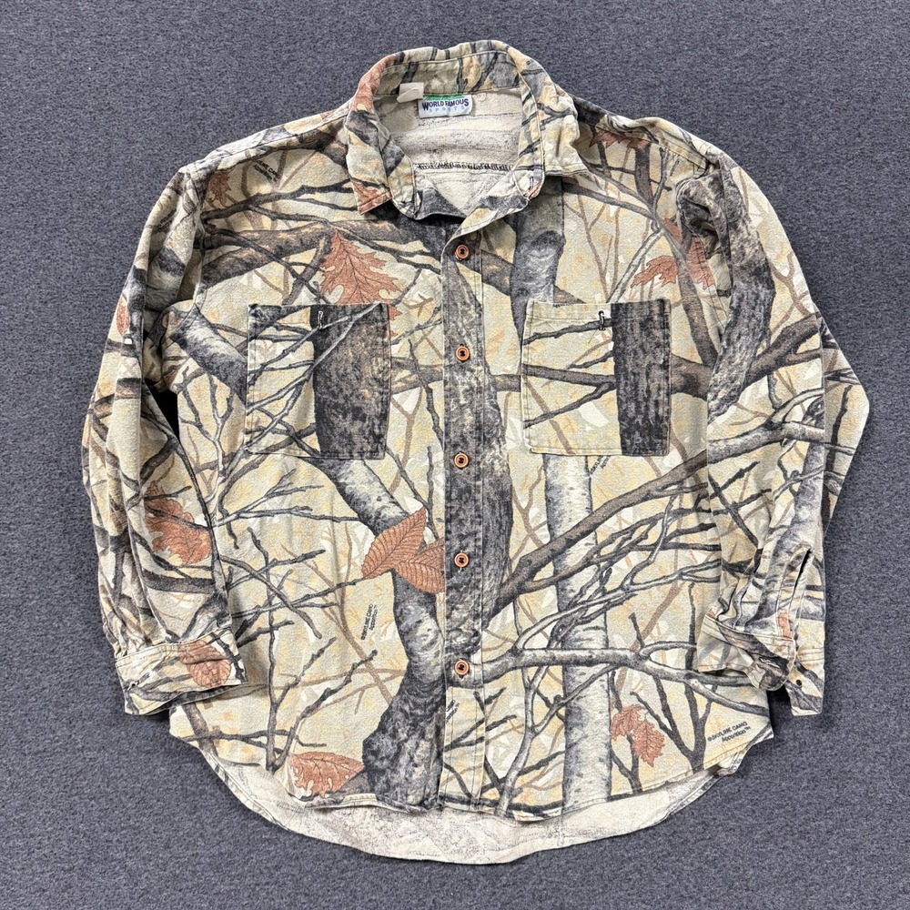 Vintage World Famous Sports Camo Button Down Mens XL Tan Good All Over Print